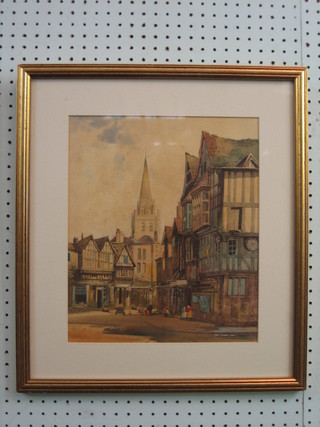 C T Yeats, watercolour "Continental Street Scene with Church in Distance" 14" x 11"