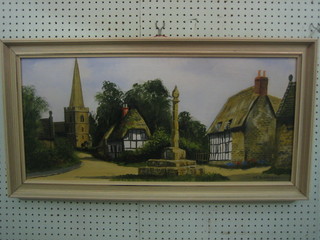 M Gearing, Oil on canvas "Country Church and Cottages" signed and dated '62, 13" x 29"