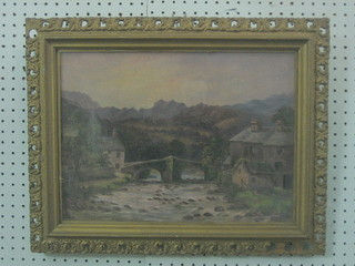 19th  Century  oil  on  canvas "Yorkshire  Scene  with  Hills  and River with Bridge" 11" x 16"