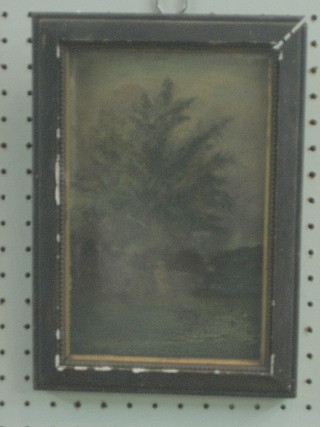 A  19th Century oil on board "Seated Lady by a Tree with  Dog" 9" x 5 1/2"