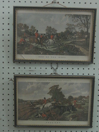 A  set  of  4 Herrings fox hunting scene  coloured  prints  -  "The Meet,  Breaking Cover, Full Cry and End of the Hunt"  contained in Hogarth frames 6" x 10"