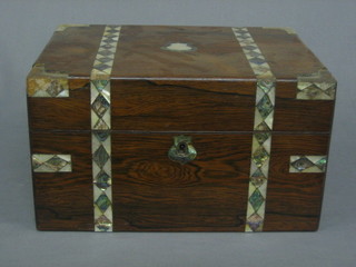 A  Victorian  rosewood  trinket box with  hinged  lid  and  inlaid mother  of  pearl banding 12" (some banding  and  corner  pieces missing)