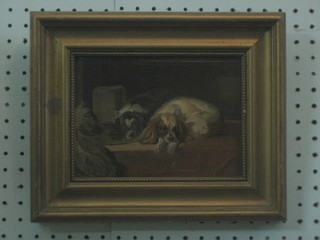 Oil  on board "Two Seated Spaniels with 17th Century Hat" 5"  x 7"