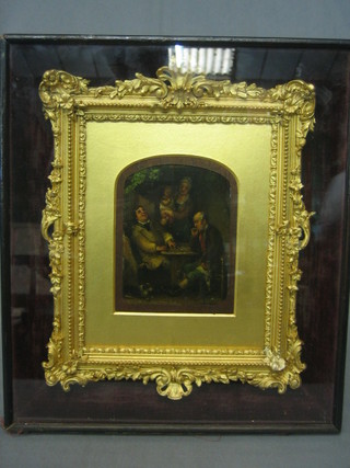 A  19th  Century  Continental oil on metal  "Interior  Scene  with Figures" the reverse marked Le Jeu Aux Damel David Wilkie  4"  x 3"