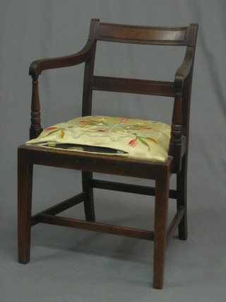 A  Georgian  mahogany bar back desk chair with  plain  mid  rail and upholstered drop in seat, raised on square tapering  supports with box framed stretcher