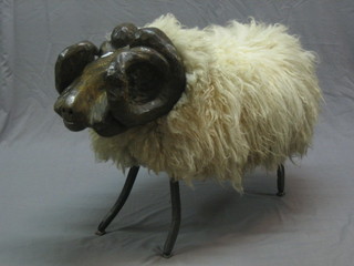 Roger Newman & Co. a blacksmith's made iron, fleece and carved elm stool in the form of a standing ram 36"
