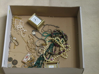 2 reproduction carriage clocks and a small collection of costume jewellery