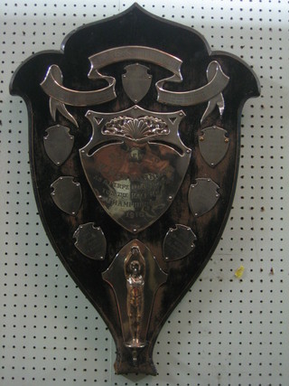 A silver shield shaped swimming trophy, Sheffield 1910 27"