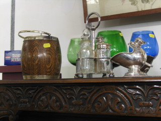 An oak biscuit barrel with silver plated mounts, 2 silver plated trays etc