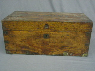 A 19th Century camphor trunk with hinged lid, brass banding and brass drop handles 31" (split to top)