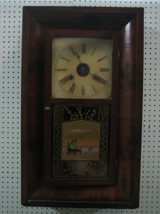 An American 8 day striking wall clock with 8 1/2" square painted dial with Roman numerals by the Newhaven Clock Co. contained in a rosewood finished case, the painted door decorated boats