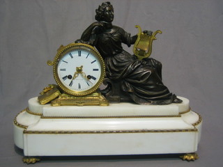A 19th Century French 8 day striking clock with enamelled dial and Roman numerals marked Gros A Lyon contained in an alabaster case surmounted by a gilt bronze figure of a reclining lady