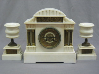 A 19th Century white marble 3 piece clock garniture comprising French striking mantel clock contained in an architectural case and 2 side urns