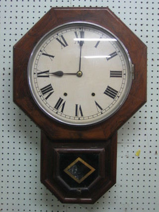 An 8 day striking wall clock with 11" circular painted dial and Roman numerals contained in a rosewood finished case