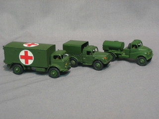 A Dinky Military Ambulance no. 626, a Dinky Military water tanker 643 and a Dinky 1 Ton Army truck no. 681