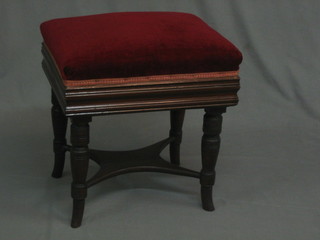 A Victorian rectangular mahogany stool turned on turned supports with X framed stretcher 17"