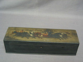 A 19th Century Russian lacquered box with hinged lid, the lid decorated a sleigh scene 13"