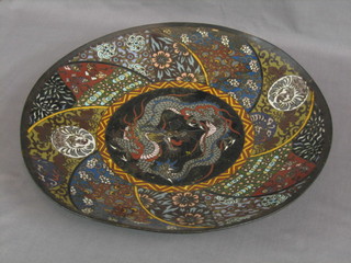 A 19th Century cloisonnÃ© enamelled charger decorated a dragon 14" (some damage)  