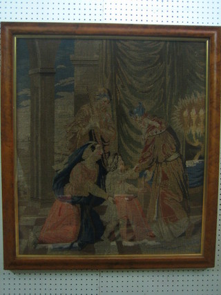 A 19th Century Berlin wool work panel depicting Christ's presentation at the temple 31" x 6 1/2" contained in a figured walnut frame