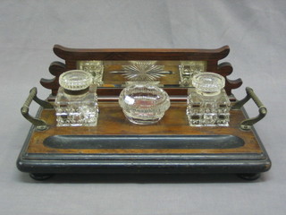 An Edwardian mahogany twin handled standish with mirrored back fitted 2 cut glass inkwells 12"
