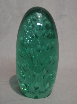 A large green glass dumpy paperweight 7"