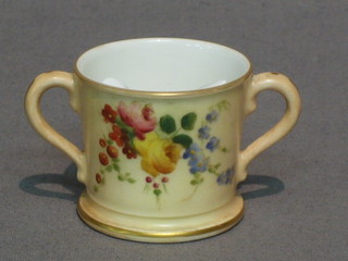 A Worcester twin handled mug with blush ivory ground decorated flowers, the base with purple Worcester mark 12 dots, 1 1/2"