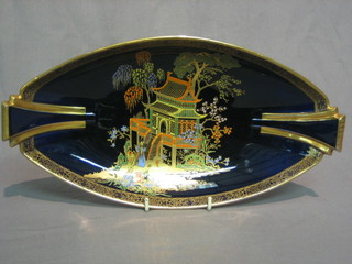 A Carltonware blue shaped twin handled dish with chinoiserie decoration 13"