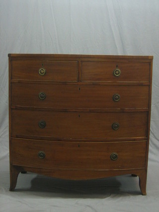 A Georgian mahogany bow front chest of 2 short and 3 long drawers raised on splayed bracket feet 41" (some veneers missing)