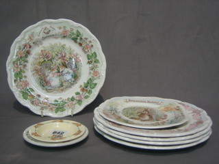 A Royal Doulton Bunnykins dish decorated rabbits 3 1/2", a Wedgwood Peter Rabbit dish 4", a Royal Albert World of Beatrix Potter plate decorated Benjamin Bunny 6", 4 Royal Doulton plates decorated Spring, Summer, Autumn and Winter, a Royal Doulton wedding plate and 2 Brambly Hedge pictures