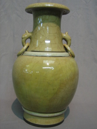 An Oriental crackle glazed twin handled vase 15"