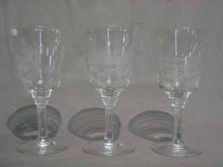 A set of 6 19th/20th Century wine glasses etched hunting scenes - breakfast, moving off, breaking cover, the chase, the death and returning by moonlight