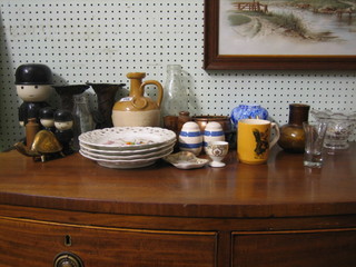 A stoneware jug 8", 4 porcelain ribbon ware plates with floral decoration 8 1/2", a blue end of day glass vase and other decorative items etc