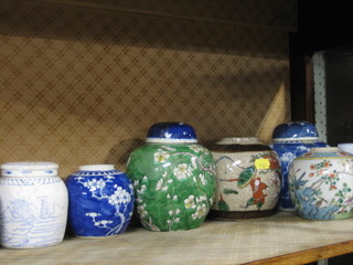 9 various ginger jars and 2 Dutch porcelain vases decorated windmills 4"