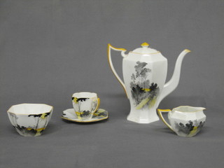 A 15 piece Shelley Art Deco coffee service comprising octagonal coffee pot, sugar bowl and cream jug, 6 coffee cans and saucers (1 can f), decorated a gate scene with sun burst, the base marked G11678