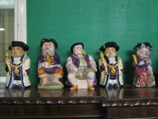 2 Wedgwood Unicorn pottery Toby jugs - Lord Mayor and 3 Marlborough ware Toby jugs - Henry VIII, Mr Punch
