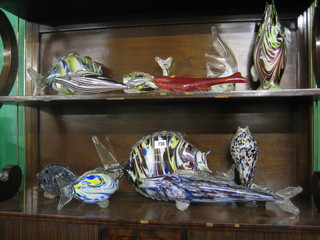 A large Murano glass fish 13" and 10 other fish