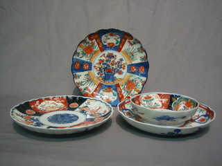 A Japanese Imari porcelain bowl 6" and 3 similar plates 8"