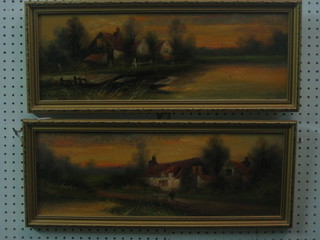 A pair of 19th Century oil paintings on board "Rural Scenes with Figures by Cottages"    7" x 22"