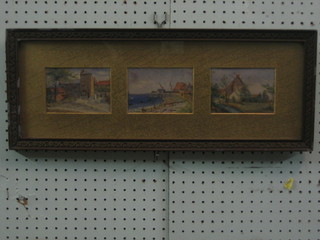 3 19th Century watercolour drawings "Harvest Scene and Cottage Scenes" 3 1/2" x 4 1/2" contained in 1 frame