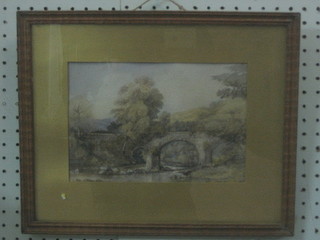 19th Century watercolour drawing "Three Arched Bridge with Water in Distance" 7" x 9"