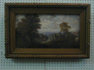 A 19th Century oil on board "River with Figures in Distance, Church in Foreground" 9" x 17" indistinctly signed