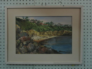 Impressionist watercolour drawing "Beach Scene with Buildings" indistinctly signed and dated 1980 8" x 12"