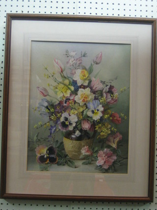 Jack Carter, watercolour, still life study "Stoneware Jug with Arrangement of Flowers" 16" x 12" signed and dated 1987