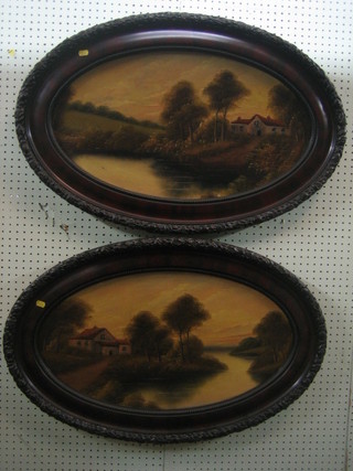 A pair of oil paintings on board "Cottages by a River" 15" oval