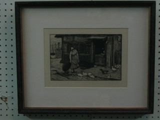 R W MacBeth, an etching "Lady at Quayside with Ducks" 5 1/2" x 9"