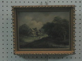 Oil on canvas "Country Cottage with Figure Walking" 7" x 8 1/2, the reverse marked William Stone