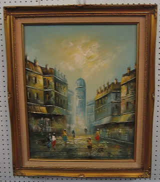 French School, impressionist oil on canvas "Parisian Street Scene with Figure" 20" x 16"