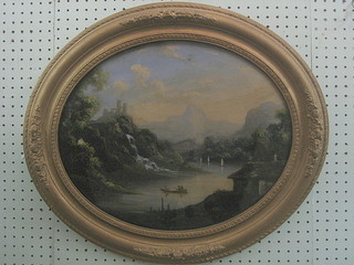 A 19th Century oval convex painting on glass "Rural Scene with River and Figures Boating" 17"