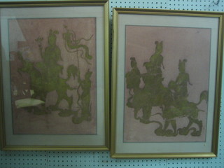 A pair of 1960's Eastern "temple Rubbings" of figures riding horses", 19" x 13"