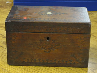 A Victorian inlaid mahogany twin compartment tea caddy with hinged lid, the lid with paper retail label for I P Clarkes 8"